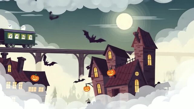 A Halloweenthemed illustration with a ghost train and haunted houses