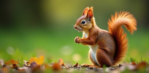 Fototapeta premium Red squirrel balanced upright, examining surroundings, rodent, red