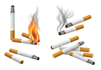 Smoking Cessation Collection of Realistic Cigarette Illustrations Burning Extinguished Broken isolated on transparent background