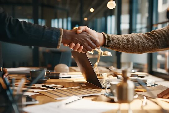 Close-up of Diverse Hands Shaking in a Bright Modern Office Setting