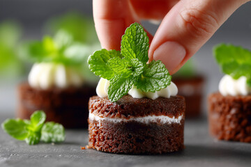 Pastry chef hand placing mint leaf on cake, macro shot