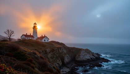 Radiant Lighthouse Sunset Foggy Shoreline