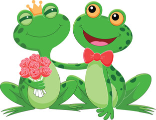 Cartoon frog couple, romantic frogs, prince frog with crown, frog with bouquet, love theme, cute amphibians, vector art, fairytale animals, smiling characters