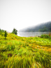 A dirt road runs along the lake at the edge of a wooden fence. On the opposite bank, the forest is reflected in the water, and all this dissolves in the morning mist.