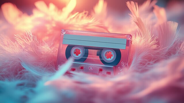 A transparent cassette tape resting on a soft bed of pastel feathers