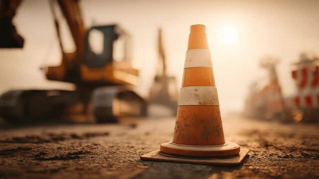 Construction Site Safety: Road Traffic Cone Close-up with Heavy Machinery in Background