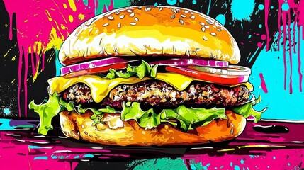 Fast food illustrated with neon colors and bold designs.