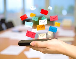 Hand holding phone with colorful email envelopes