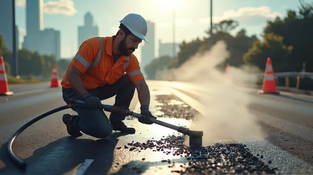 construction worker cleaning road surface steam urban background