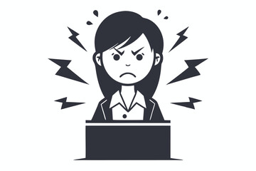 Cartoon Stressed Woman with Lighting, Frustration Expression on White Background