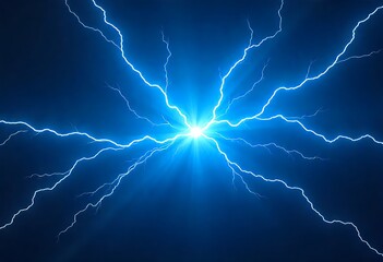 Abstract blue lightning energy bursts with glowing fractal patterns in dark night sky. Powerful electric storm effect, cosmic plasma atmosphere, dynamic digital background for science, art, fantasy.