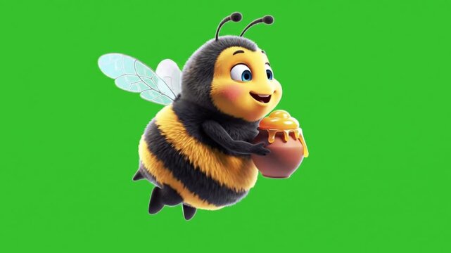 Adorable 3D cartoon bee character flying with a pot of golden honey, isolated on a green screen background for easy compositing.