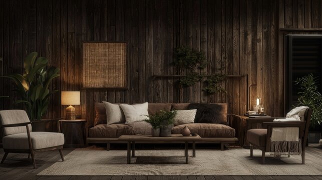 Stunning vintage living room showcasing rustic wall elements. - Powered by Adobe