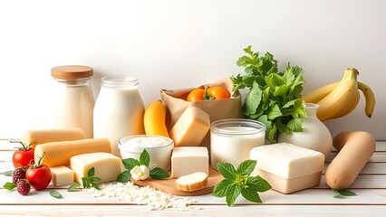 Fresh dairy products neatly arranged on a wooden table with clean white backdrop.