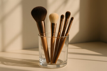 Makeup Brushes Elegance:A collection of exquisite makeup brushes, neatly arranged in a clear glass, reflecting a minimalist aesthetic. Bathed in soft lighting.