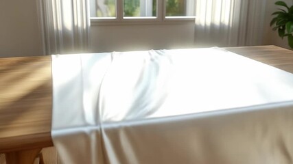 Wooden table draped with flowing white fabric in a sunlit room - Powered by Adobe