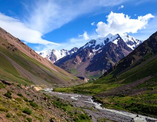 Fototapeta premium Mountain valley scene with a river winding through green and brown slopes, snow-capped peaks in the background under a partly cloudy sky