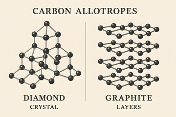Diamond and Graphite Allotropes: An illustrative portrayal of carbon allotropes, comparing the crystalline structure of a diamond with the layered arrangement of graphite.