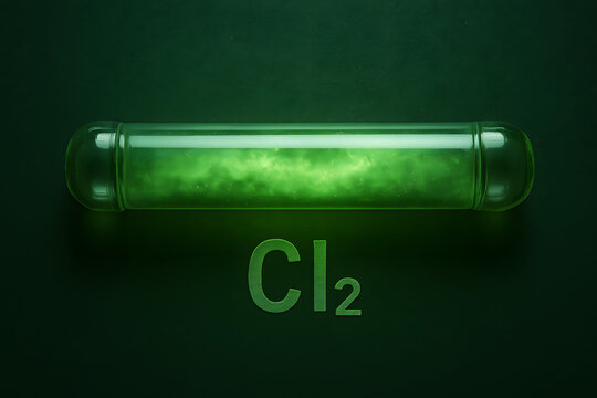 Chlorine Gas in a Glass Vial: A meticulously captured view of the toxic element, Chlorine gas, safely contained within a transparent glass vial, emits an ominous green glow.