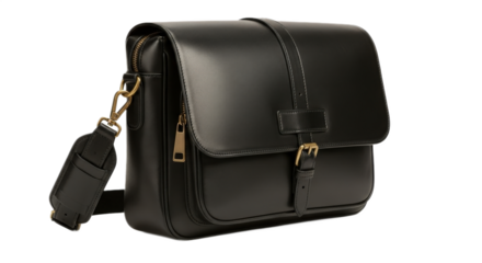 Black leather messenger bag with shoulder strap isolated PNG with Transparent Background