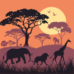 Naklejka premium African safari animals silhouette landscape at sunset vector illustration graphic design background for print