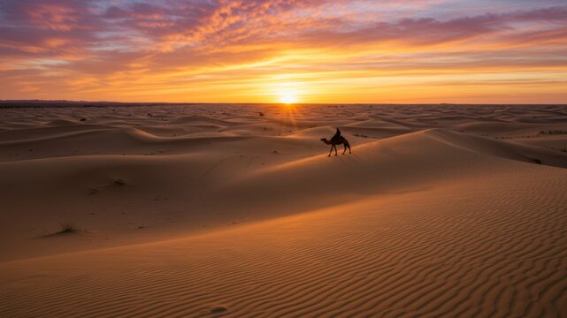 Camel rider at sunset in the desert