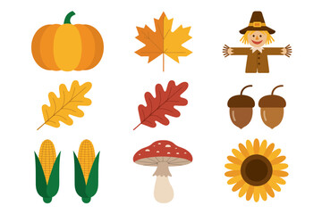 Colorful Autumn Harvest Elements Vector Set in Flat Design Style Featuring Leaves, Pumpkins, Fruits, Vegetables, Acorns, and Seasonal Decorations for Thanksgiving or Fall Designs