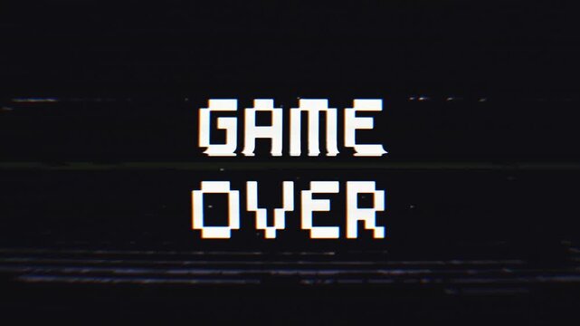 Looped Game Over animation with glitch effect isolated on black background. Glitch GAME OVER video game screen. 4k video