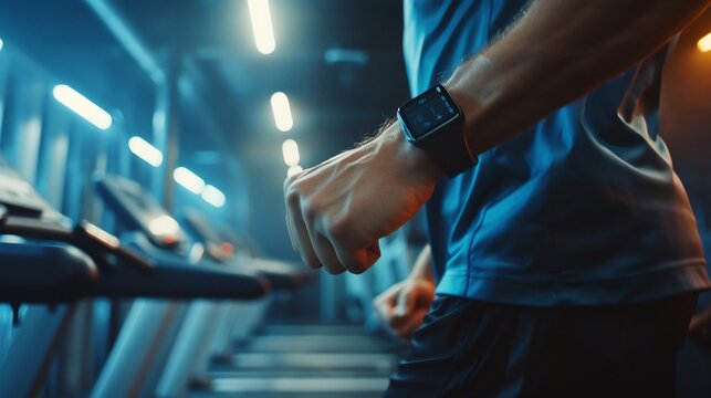 Man running a treadmill urban gym interior fitness tracker on wrist cinematic lighting realistic clean focused high detail no text no watermark