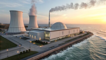 Obraz premium Modern Coastal Nuclear Power Plant – Photorealistic View of Containment Structure, Cooling Towers, and Turbine Hall Under Clear Skies
