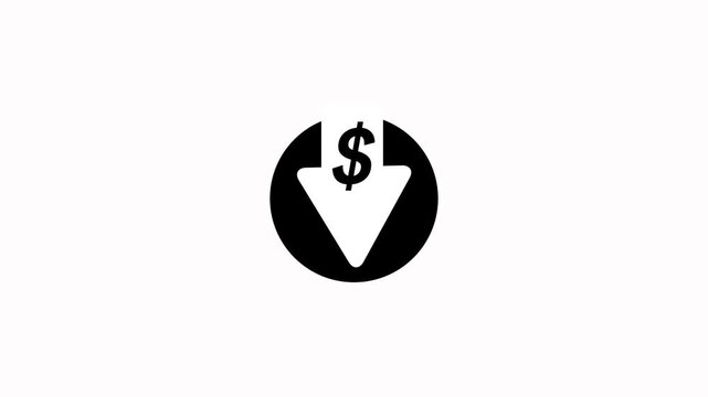 Money reduction icon. Dollar currency price drop concept. circle with down arrow moving animation.