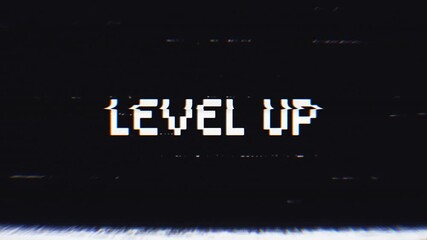 Looped Level Up animation with glitch effect isolated on black background. 4k alpha channel - Powered by Adobe