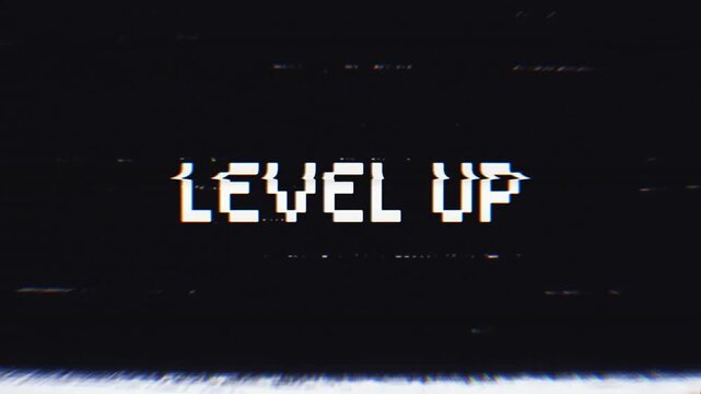 Looped Level Up animation with glitch effect isolated on black background. 4k alpha channel