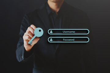 The image conveys that a businessman is logging into the system by entering username and password