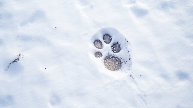 A large dog's paw print is clearly visible in fresh, undisturbed snow, creating a striking contrast between the dark print and the white background. - Powered by Adobe