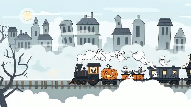Halloween train with ghosts skeletons and a pumpkin