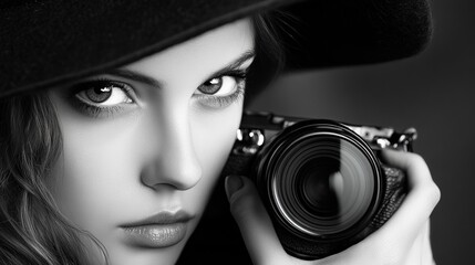 A beautiful woman with a serious expression holds a vintage camera, capturing a moment with focused intensity.