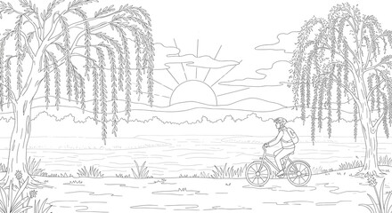Peaceful morning bicycle ride through a serene landscape with weeping willows and a rising sun, a line art illustration for coloring