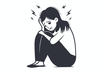 Depressed Woman with Head Pain, Cartoonish Style on White Background