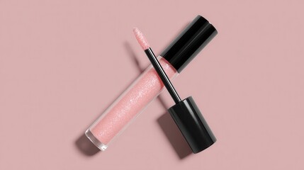 Obraz premium Pink Shimmer Lip Gloss Mockup with Black Applicator and Tube on Pink Background.