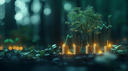 Financial growth through nature a forest scene of coins and data visualization