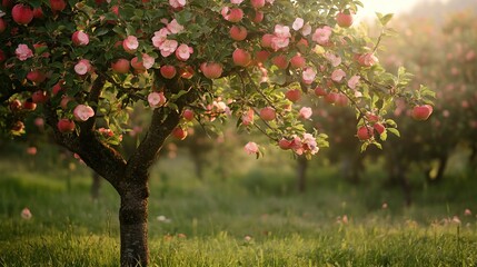 A beautiful apple tree is laden with ripe, red apples and delicate pink blossoms, set against a serene, sun-drenched landscape.
