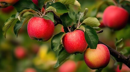A branch of red apples hangs against a dark background, showcasing their vibrant color and glossy skin. The apples are ripe and full, with green leaves surrounding them.