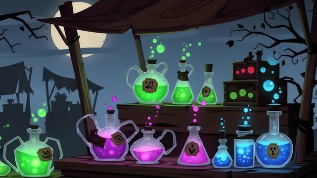 Magical potion stand at a spooky night market