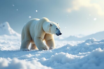 Majestic polar bear hunting in arctic snowdrifts , powerful, photography, winter