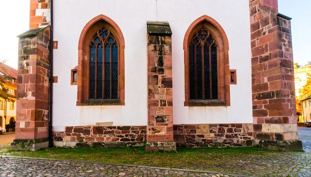 A section of a historic church facade displays two prominent, ornately designed arched windows set against a whitewashed wall and accented by rusticated red-brown stones.
