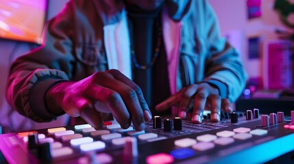 Music producer creating beats in a vibrant studio with colorful lights and modern equipment