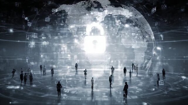 Global Digital Security: In an artistic portrayal, a digital padlock shines as a symbol of data protection, with people silhouetted against a backdrop of interconnected networks.