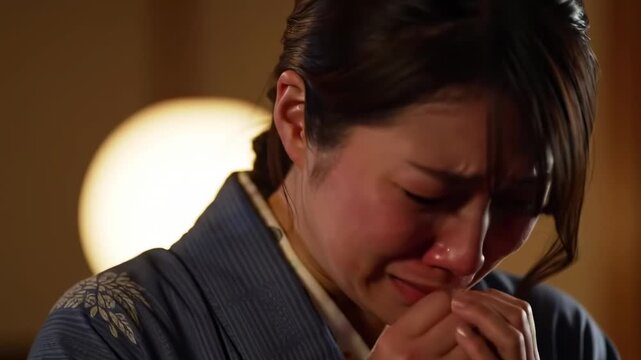 Close-up of a woman crying in traditional Japanese clothing