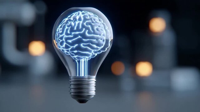 Brainpower innovation: An artistic rendering of a lightbulb illuminated with a vibrant representation of the human brain, highlighting intelligence, innovation, and idea generation.